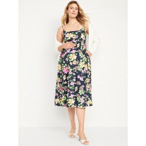 Old Navy Maternity Linen Blend Floral Babydoll Waist Midi Dress Navy Blue Large